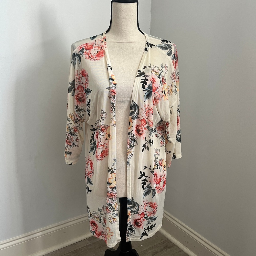 Floral Mesh Kimono Cardigan Medium Cream Pink Romantic Festival Airy Soft Girl
